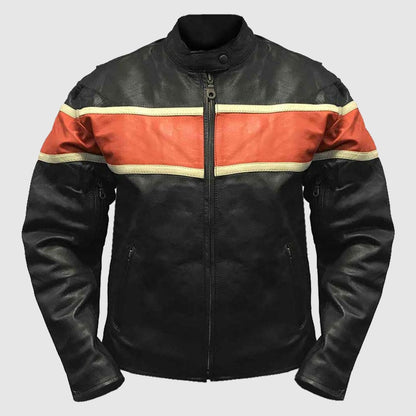 Redline Men's Orange Stripe Cowhide Leather Motorcycle Jacket, Black M-3200