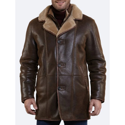 Mens brown Button Closer Shearling Leather Coat