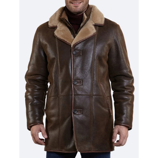 Mens brown Button Closer Shearling Leather Coat