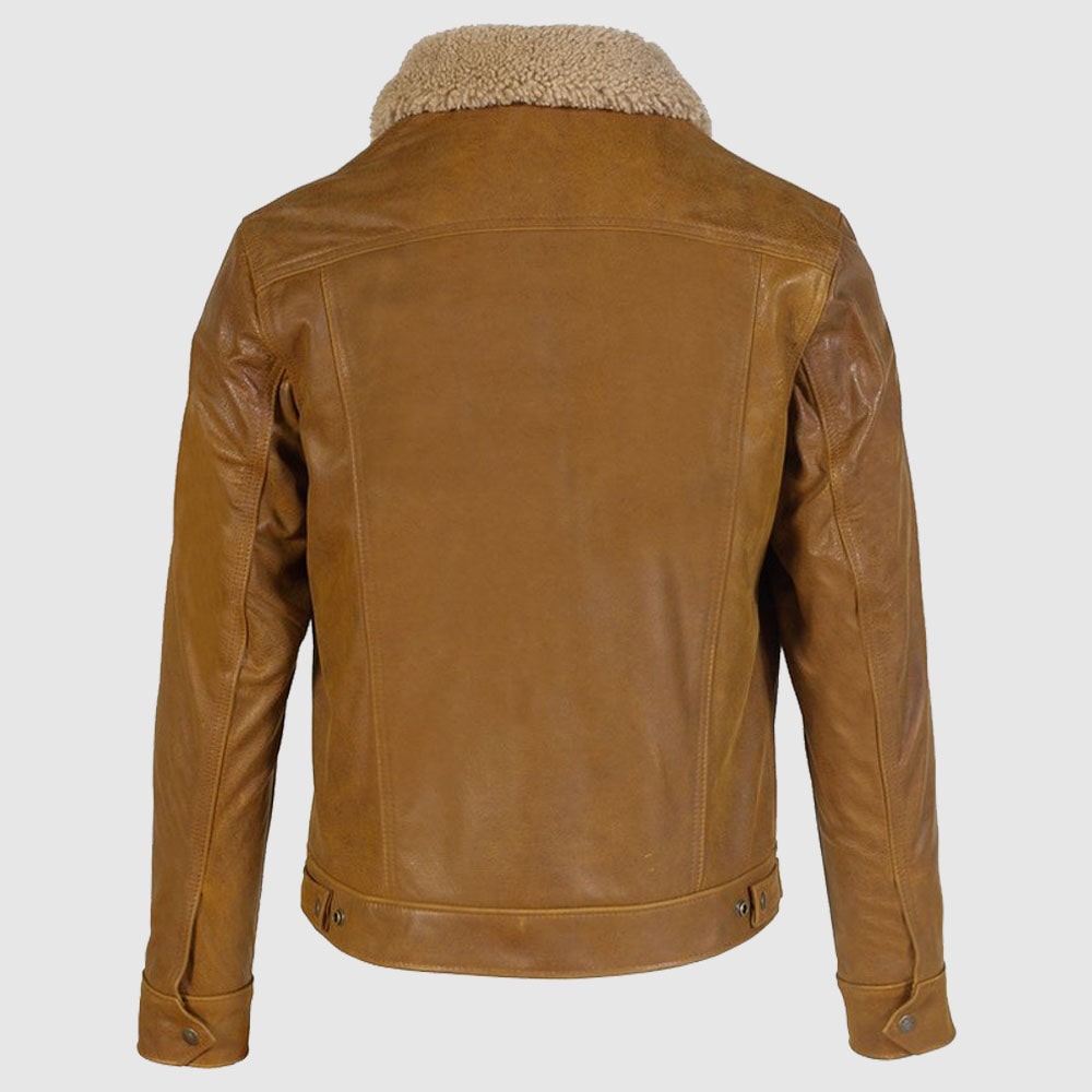 Men’s Buffalo Leather Trucker Jacket with Sheepskin Collar