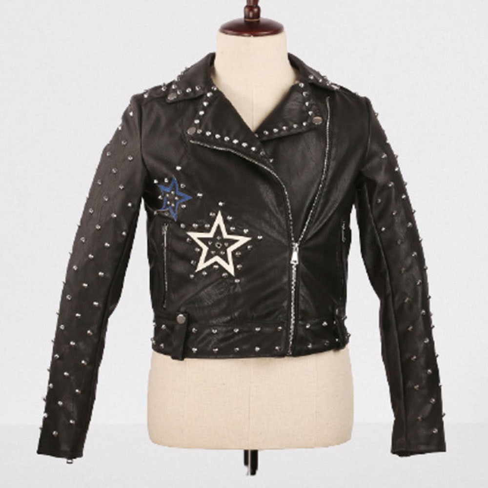 Women Black Leather Studded Jacket With Stars Studded Fashion Jacket