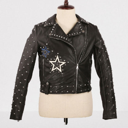 Women Black Leather Studded Jacket With Stars Studded Fashion Jacket
