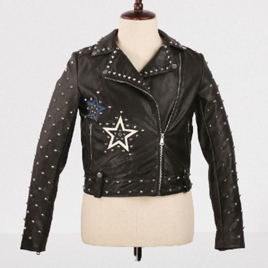 Women Black Leather Studded Jacket With Stars Studded Fashion Jacket