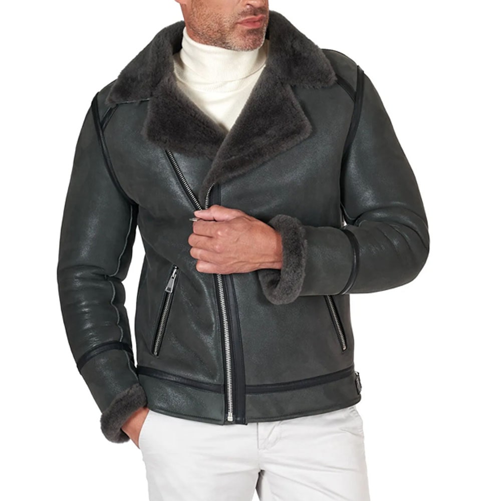 Grey Shearling biker jacket with cross zipper