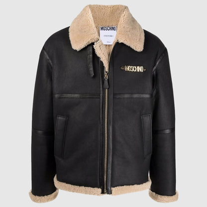 Moschino logo-plaque shearling jacket aviator leather jacket