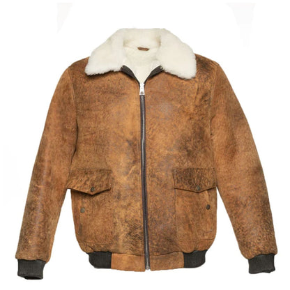 Lucian's distressed brown A2 Bomber shearling jacket