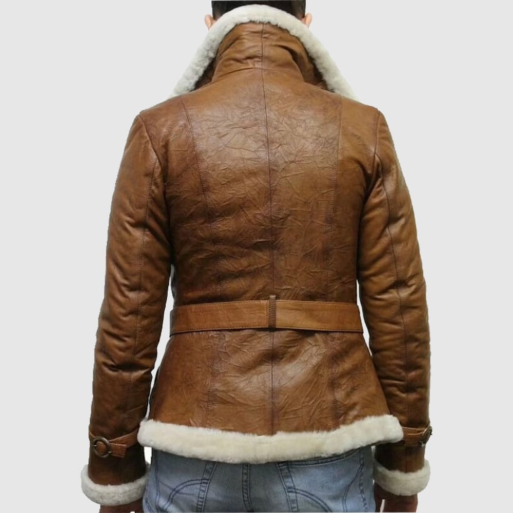 Brown pilot aviator genuine shearling leather jacket for women