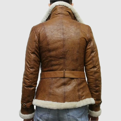 Brown pilot aviator genuine shearling leather jacket for women