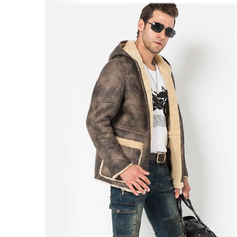 Mens Bomber Genuine Sheepskin Hooded Coat