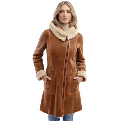 Ginta Women Fashion Waxed Brown Aviator Bomber Jacket