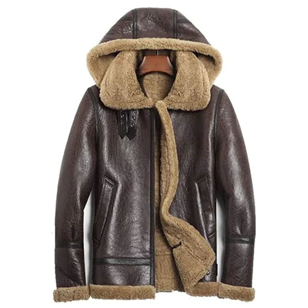 Mens B3 Detachable Shearling Sheepskin Hood Flight Leather Jacket