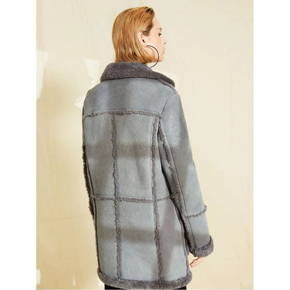 Women Gray Suede Leather Warm Sheepskin Shearling Jacket Coat