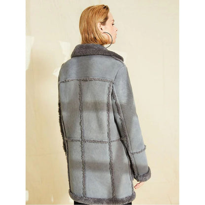 Women Gray Suede Leather Warm Sheepskin Shearling Jacket Coat