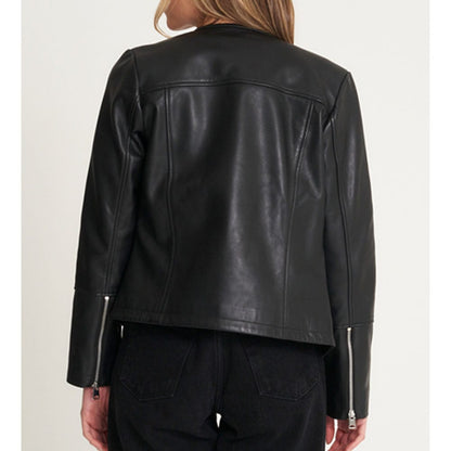 Women’s Collarless Leather Biker Jacket