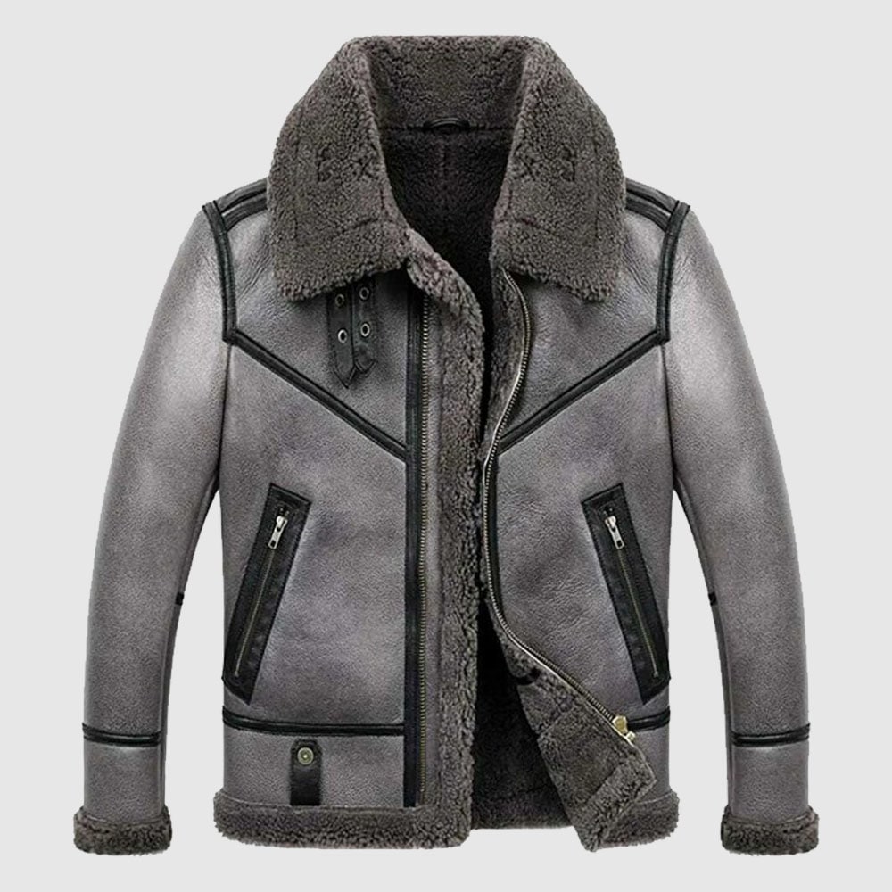Mens B3 Bomber Aviator WWII Pilot Real Sheepskin Shearling Silver Leather Jacket