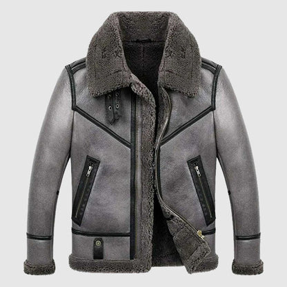 Mens B3 Bomber Aviator WWII Pilot Real Sheepskin Shearling Silver Leather Jacket