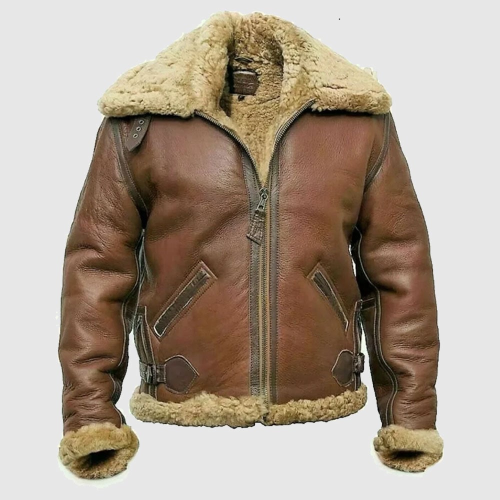 Mens B3 Bomber Vintage RAF Aviator Shearling Fur Pilot Brown Real Leather Jacket