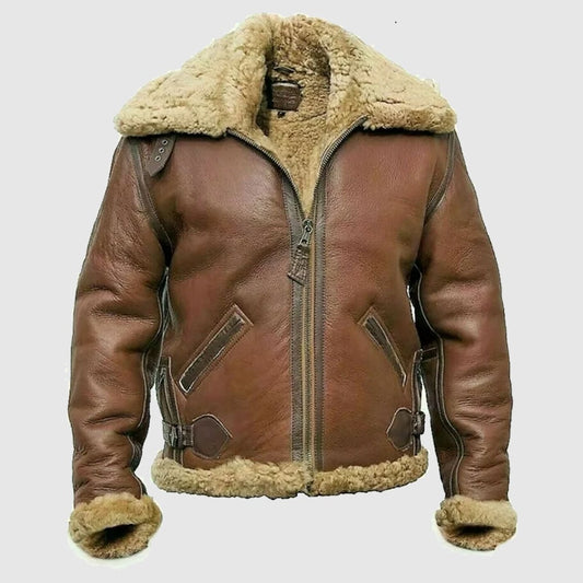 Mens B3 Bomber Vintage RAF Aviator Shearling Fur Pilot Brown Real Leather Jacket