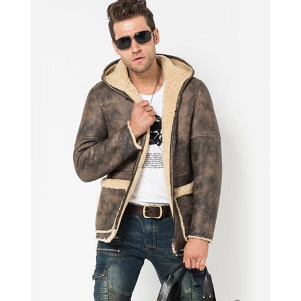 Mens Bomber Genuine Sheepskin Hooded Coat
