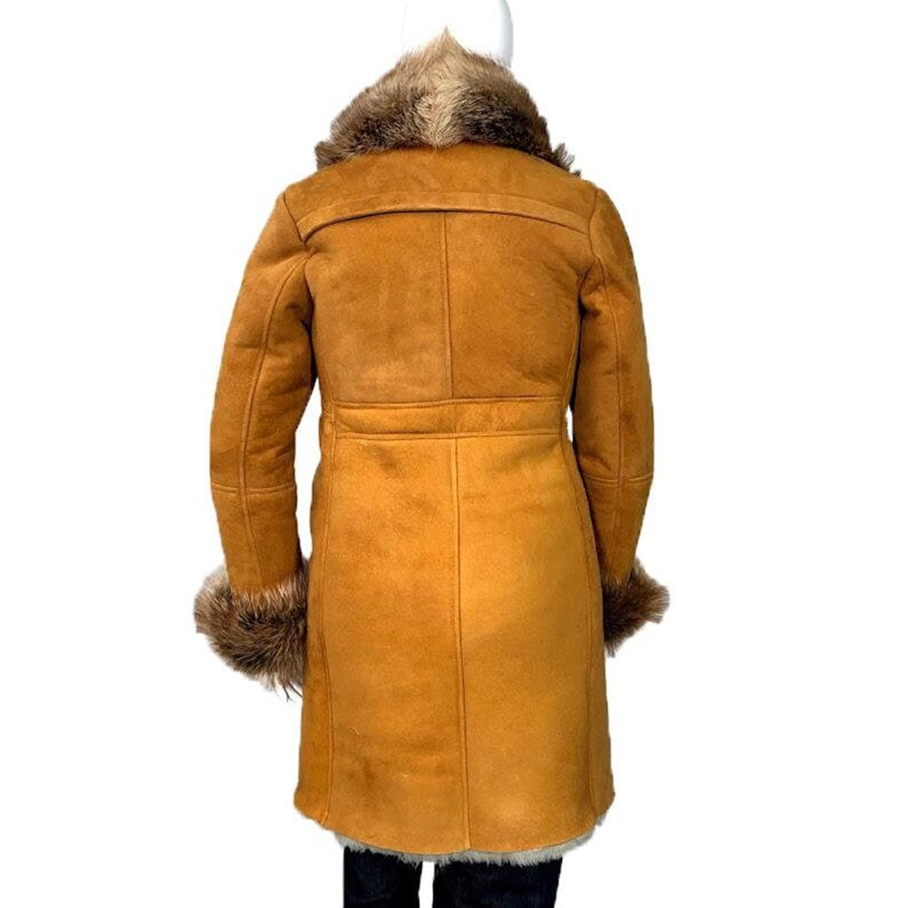 Women's Single-Breasted Sheepskin Trench Coat With Fox Fur Collar