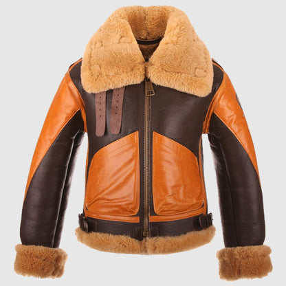 RAF Men’s B3 Brown Sheepskin Bomber Shearling Two Tone Style Real Leather Jacket