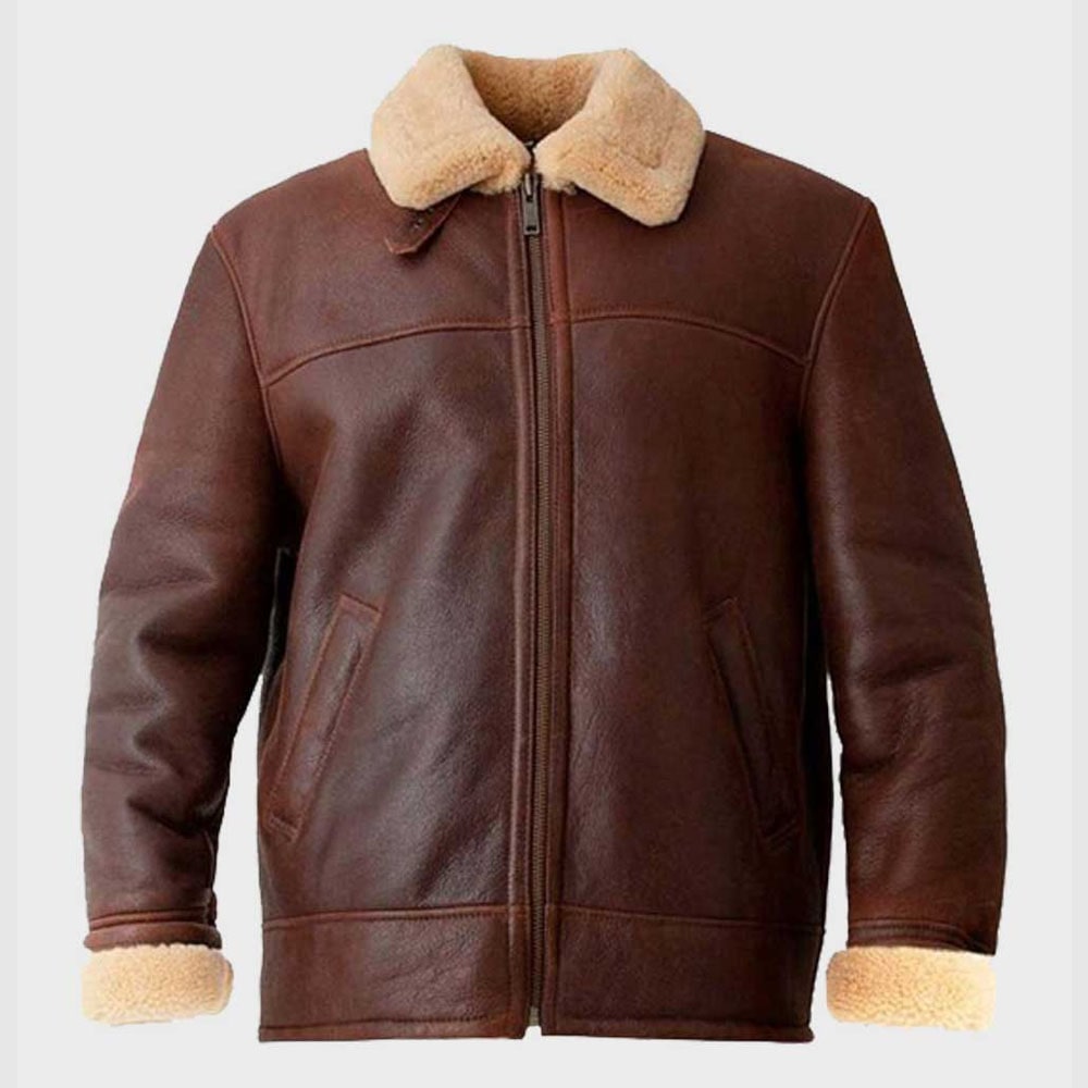 Mens Brown Aviator Shearling Leather Jacket Sheepskin Jacket