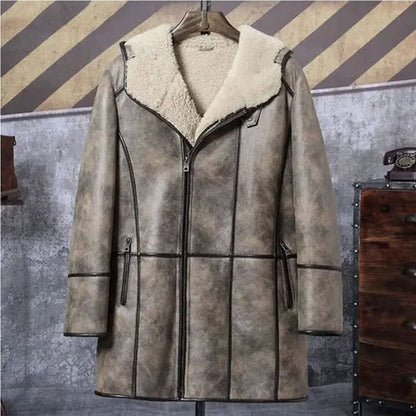 Mens Bomber Shearling Fur Hooded Winter Long Leather Jacket Trench Coat