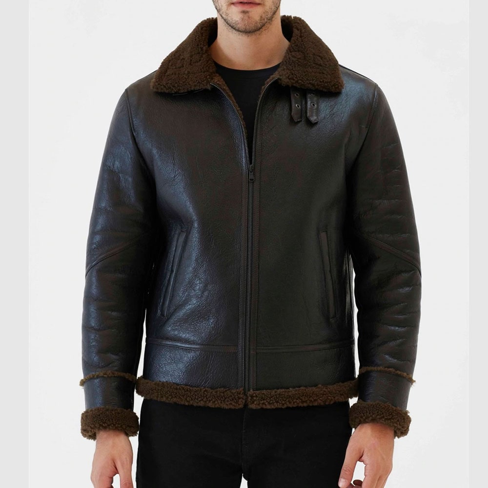Men Aviator Tobacco Brown Shearling Jacket