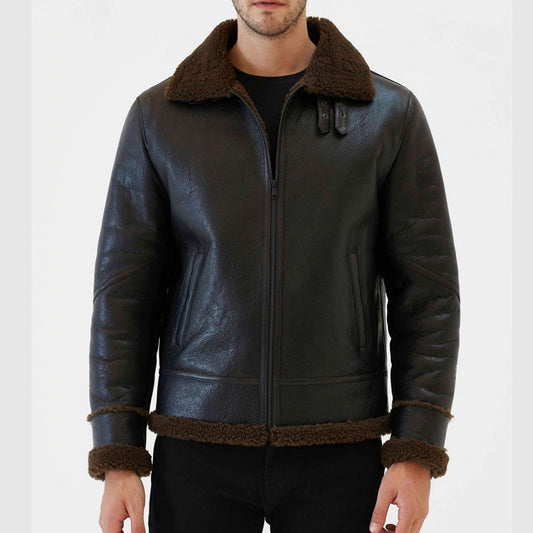 Men Aviator Tobacco Brown Shearling Jacket