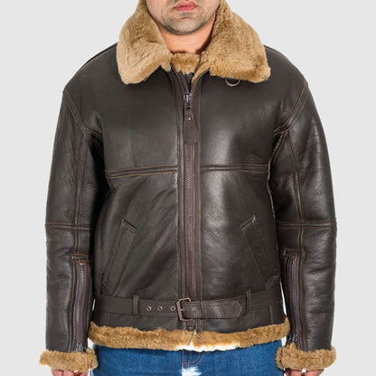 Mens brown leather aviator B3 ginger shearling sheepskin WW2 RAF flying jacket