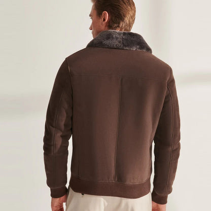 Men Brown Shearling Aviator Leather Bomber Jacket