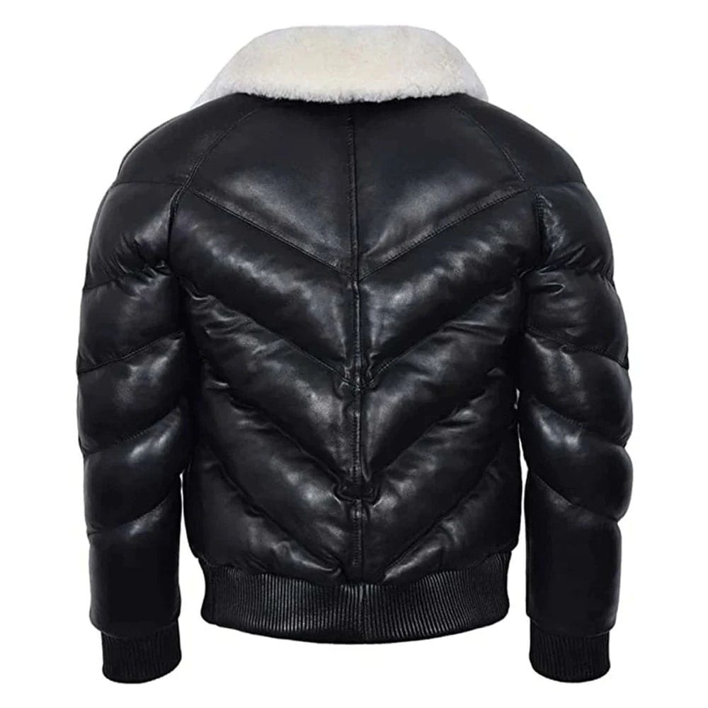 Men's Leather V Bomber Puffer Winter Jacket with Fur Collar