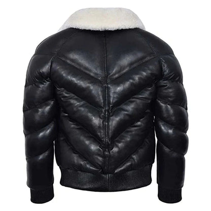Men's Leather V Bomber Puffer Winter Jacket with Fur Collar