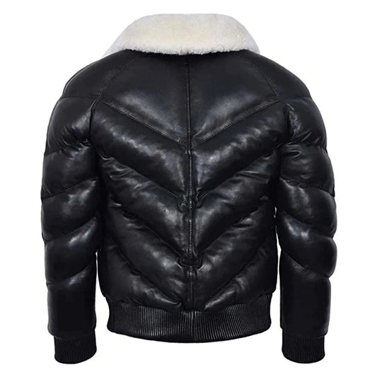 Men's Leather V Bomber Puffer Winter Jacket with Fur Collar