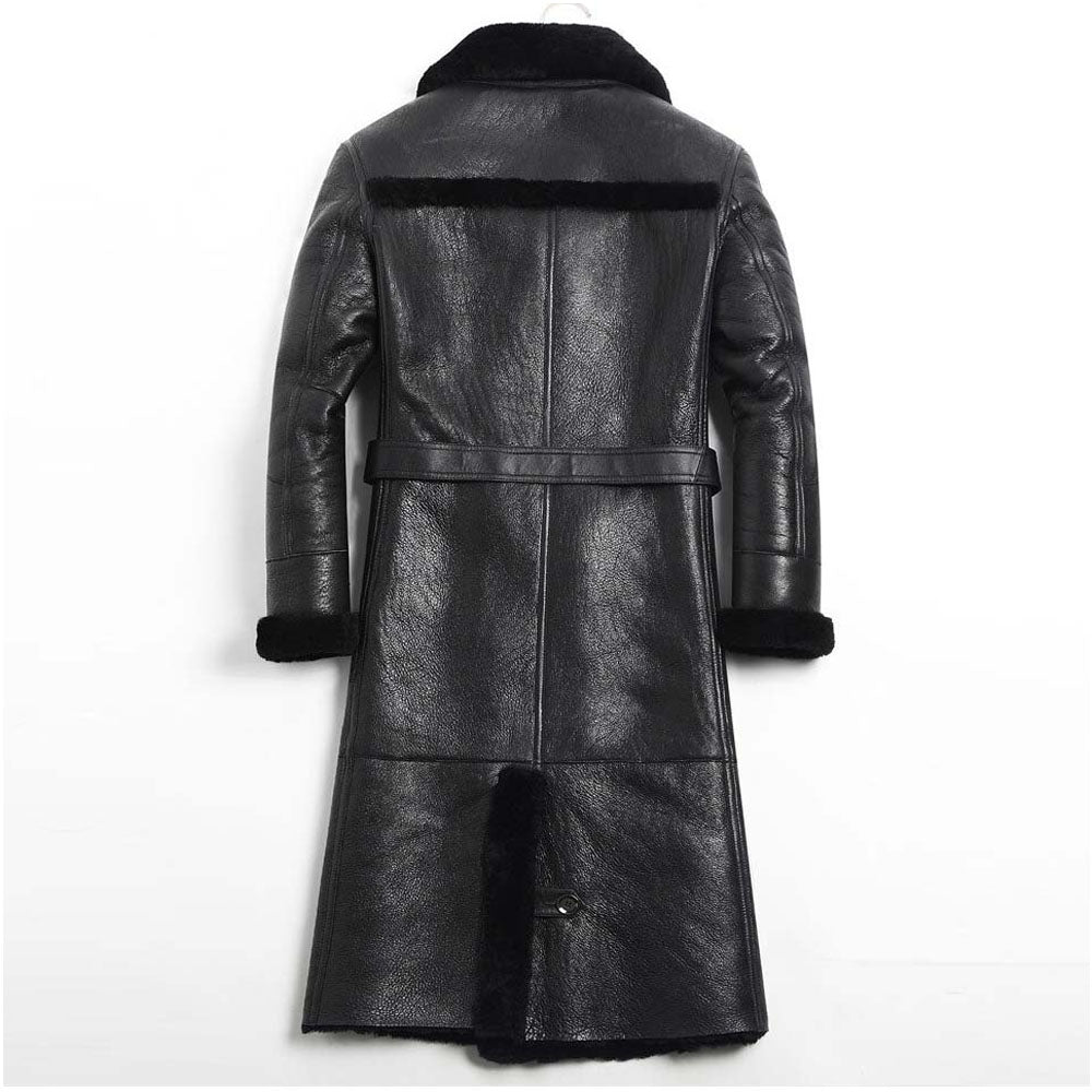 Mens Black Shearling Sheepskin Leather Long Coat