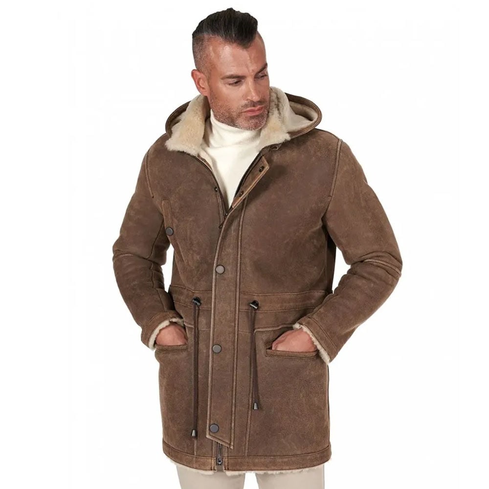 Shearling lamb coat in taupe color with detachable hood