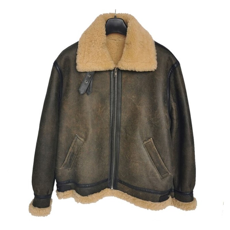 Thick Brown Cracking Leather Shearling Coat Men