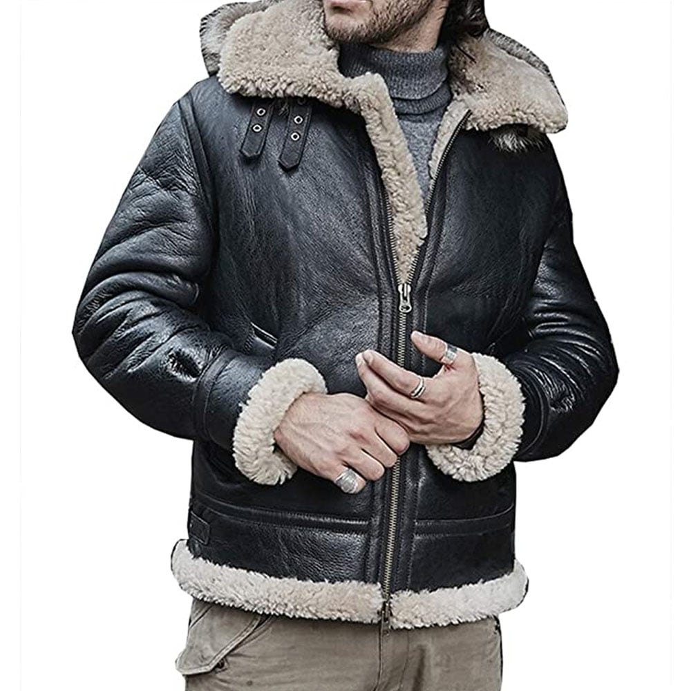 New Mens Sheepskin Shearling Jacket Detachable Hooded B3 Flight Jacket Raccoon Fur Collar Aviator Coat