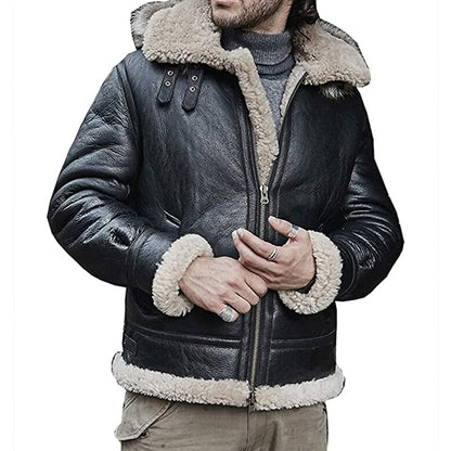 New Mens Sheepskin Shearling Jacket Detachable Hooded B3 Flight Jacket Raccoon Fur Collar Aviator Coat