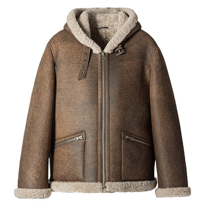 Mens Classic Sheepskin Bomber Jacket With Hood