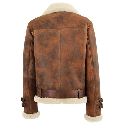 Womens Real Sheepskin Aviator Shearling Pilot Biker Style Jacket Antique Brown