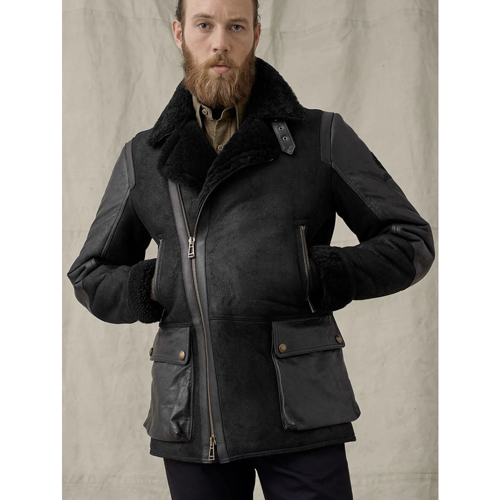 Men's Bomber Black Shearling Leather Jacket