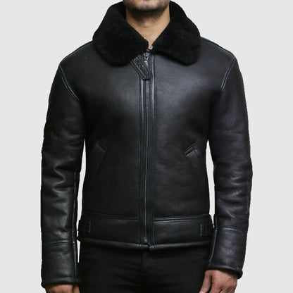 Men's Black Aviator B3 Real Shearling Sheepskin Leather Jacket