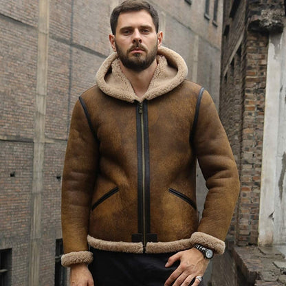 B3 Hoodie Brown Bomber Aviator Leather Jacket