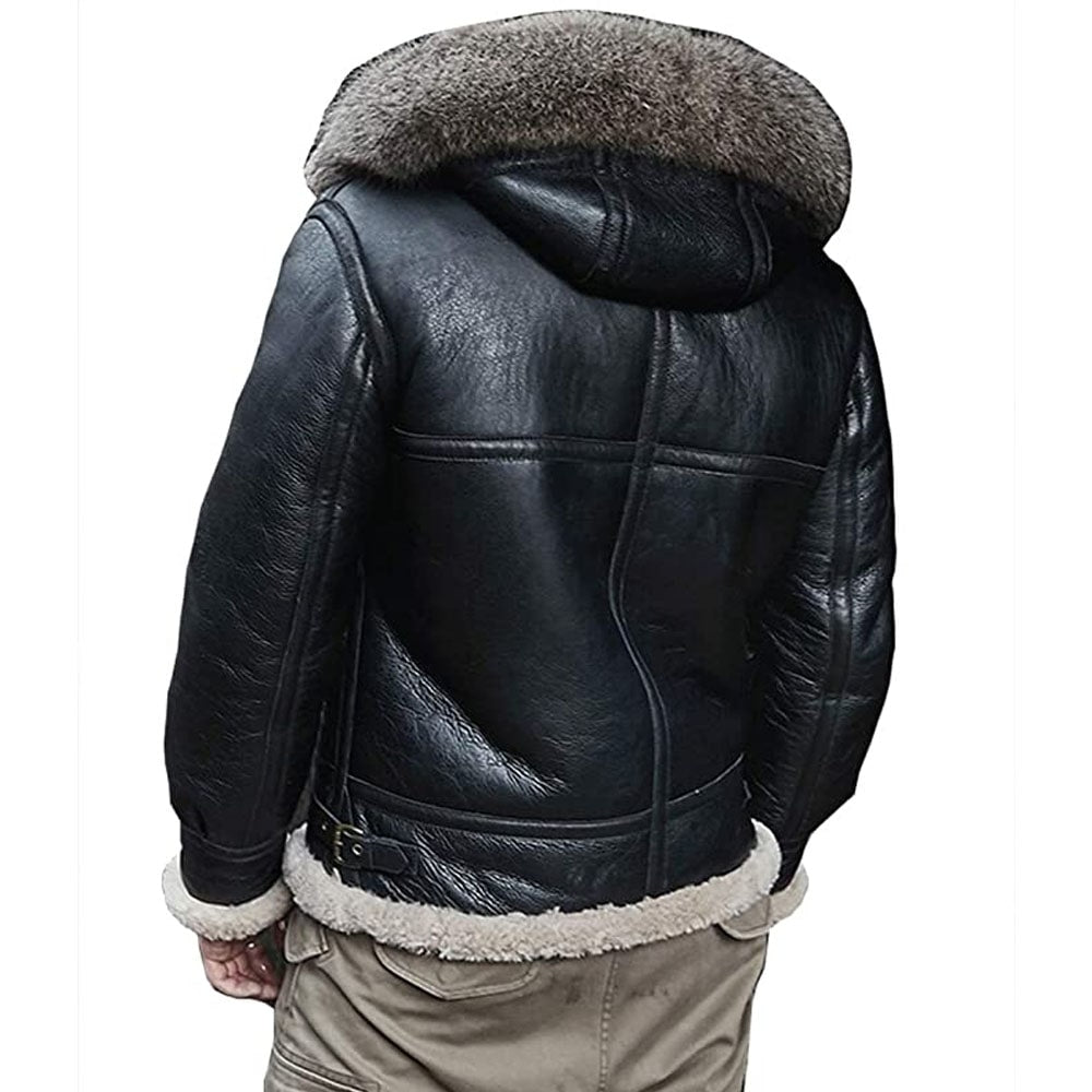 New Mens Sheepskin Shearling Jacket Detachable Hooded B3 Flight Jacket Raccoon Fur Collar Aviator Coat