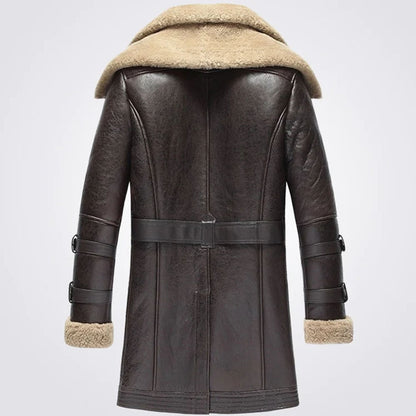 Vintage Shearling Sheepskin Leather Trench Coat For Men