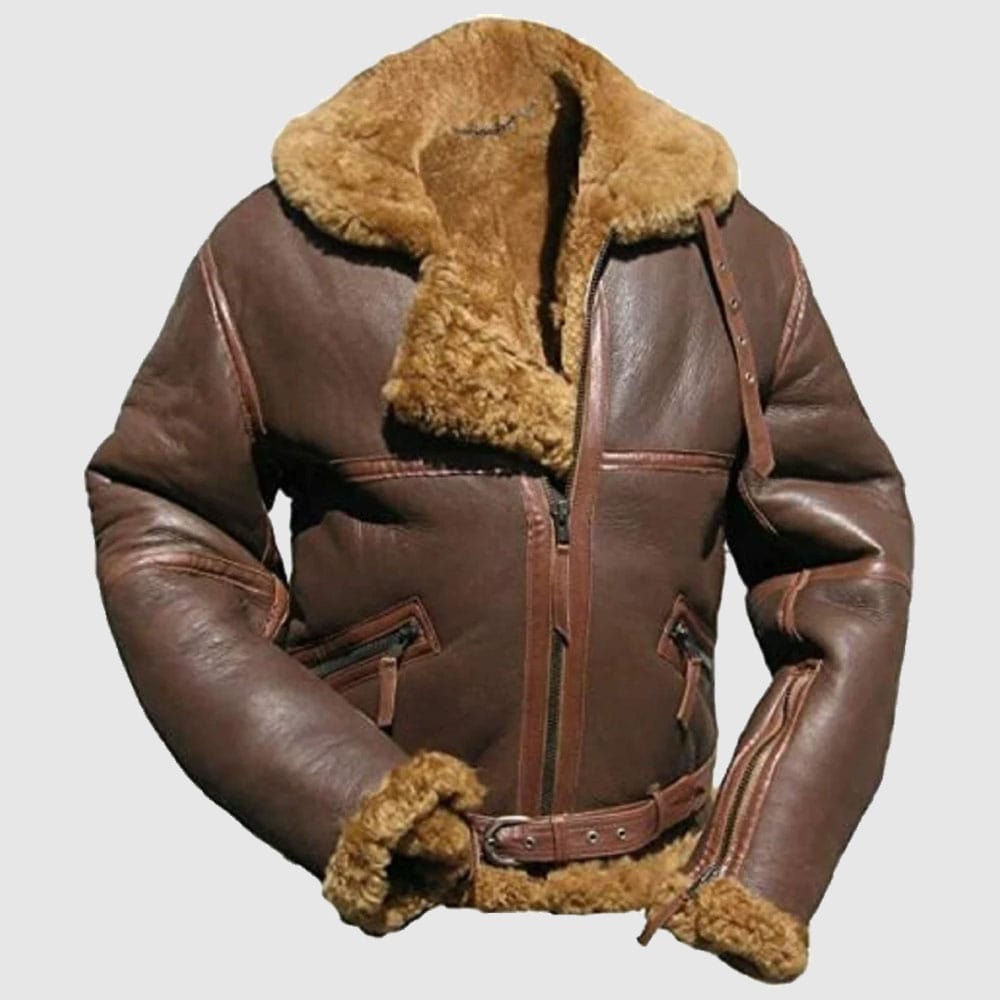 Mens B3 Brown Bomber RAF Aviator Shearling Fur Pilot Leather Jacket