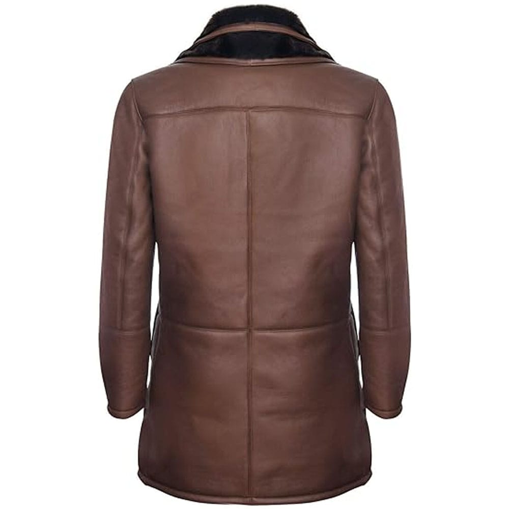 Men's Warm Brown Leather Shearling Trench Pilot Jacket Coat