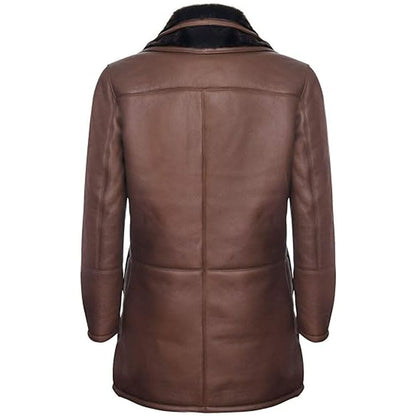 Men's Warm Brown Leather Shearling Trench Pilot Jacket Coat