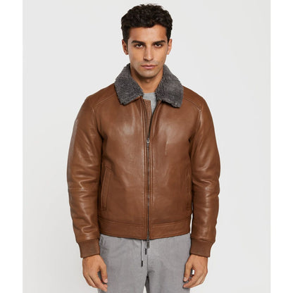 Leather aviator jacket with detachable recycled fur